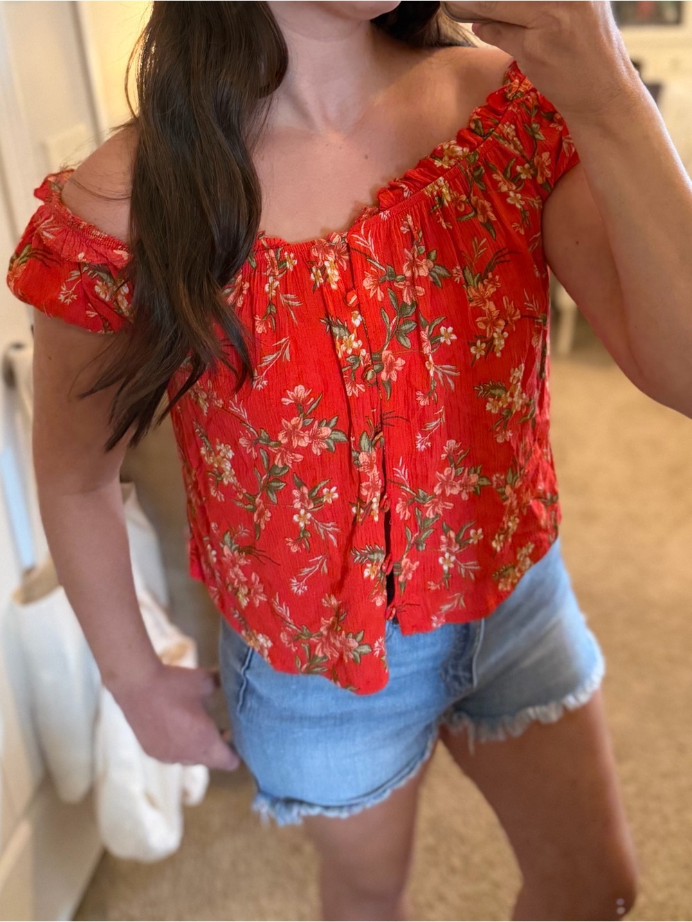 American Eagle Outfitters Red Floral Off-Shoulder Blouse